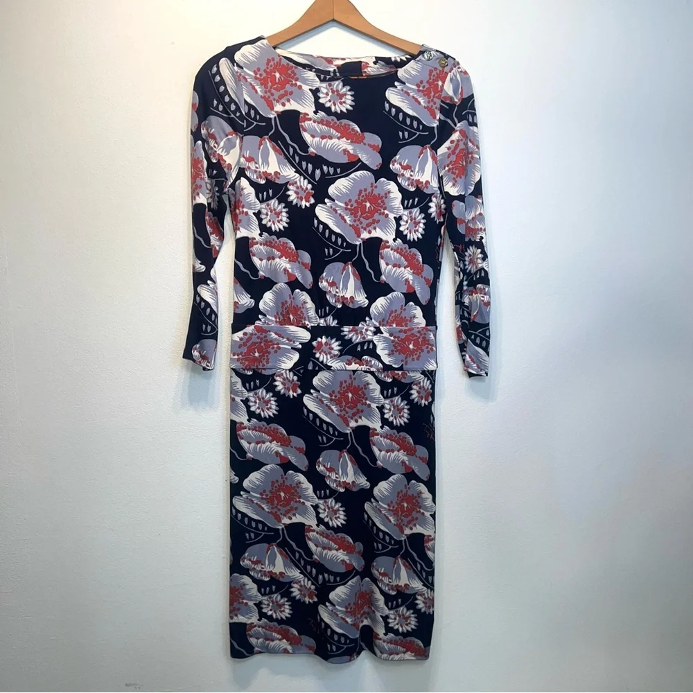 Tory Burch Silk Floral Navy Knee Length Sheath Dress Size Small 3/4 Sleeves